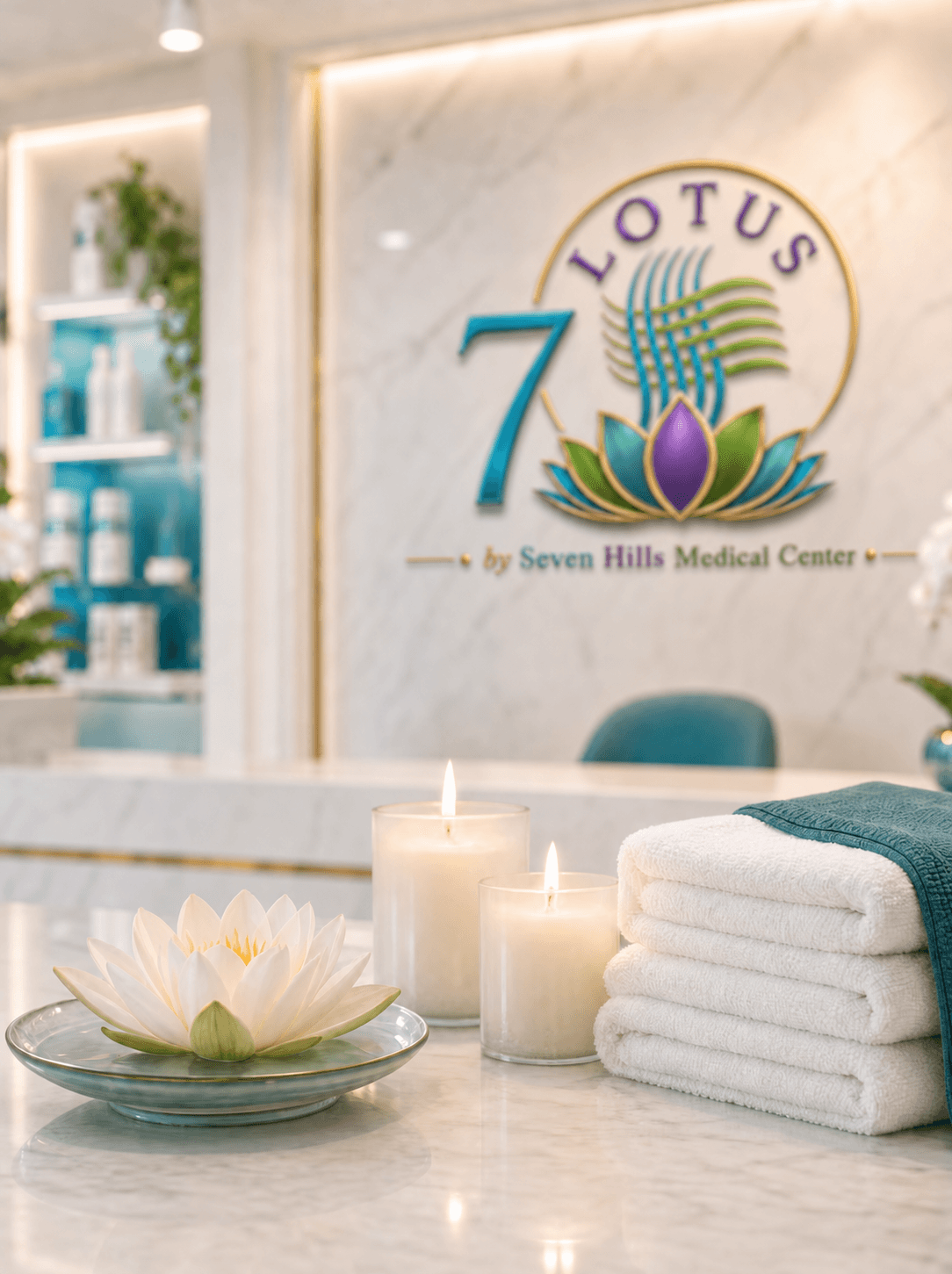 Zen corner with a lotus flower, candles and towels
