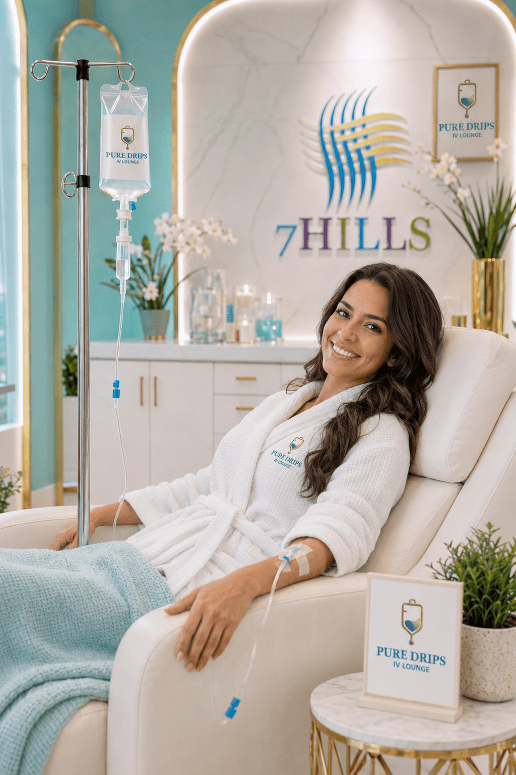 Refreshed, smiling person feeling energized after an IV wellness session in a sunlit lounge
