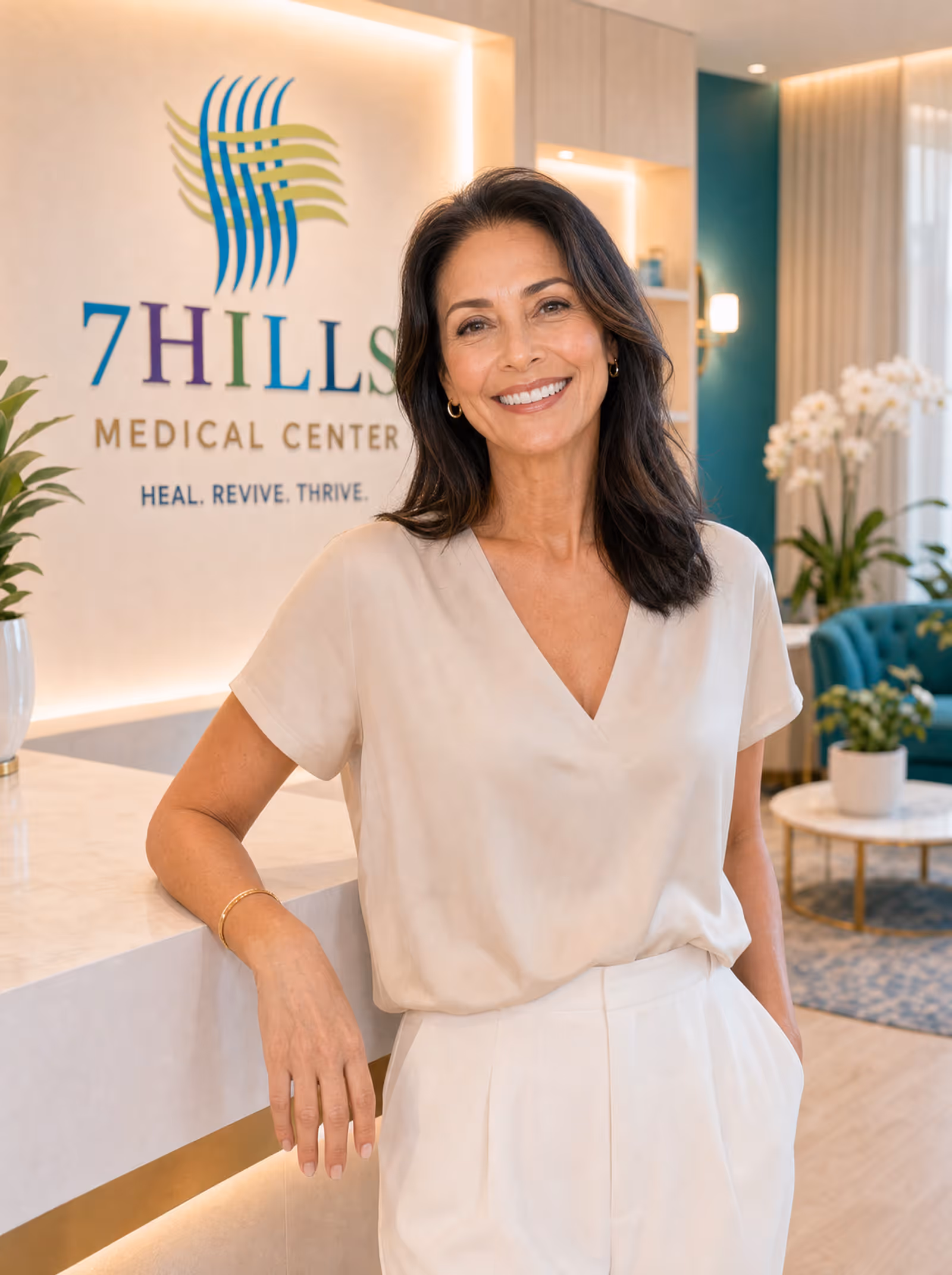 Radiant woman in her 50s smiling inside the clinic
