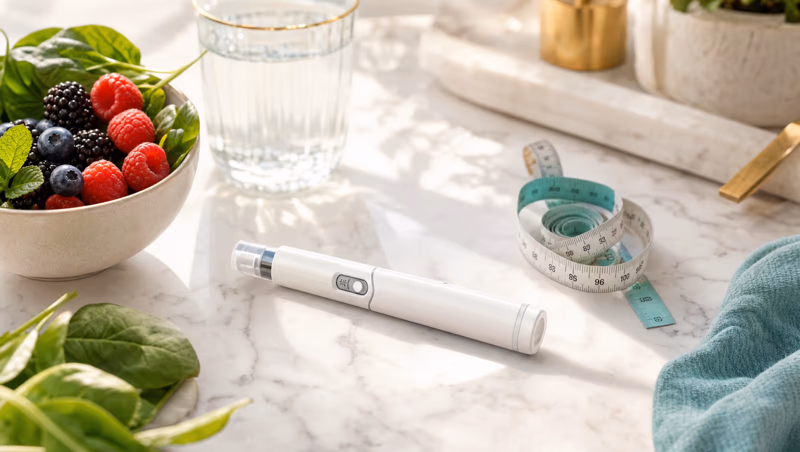 GLP-1 auto-injector pen with a measuring tape and healthy food on marble