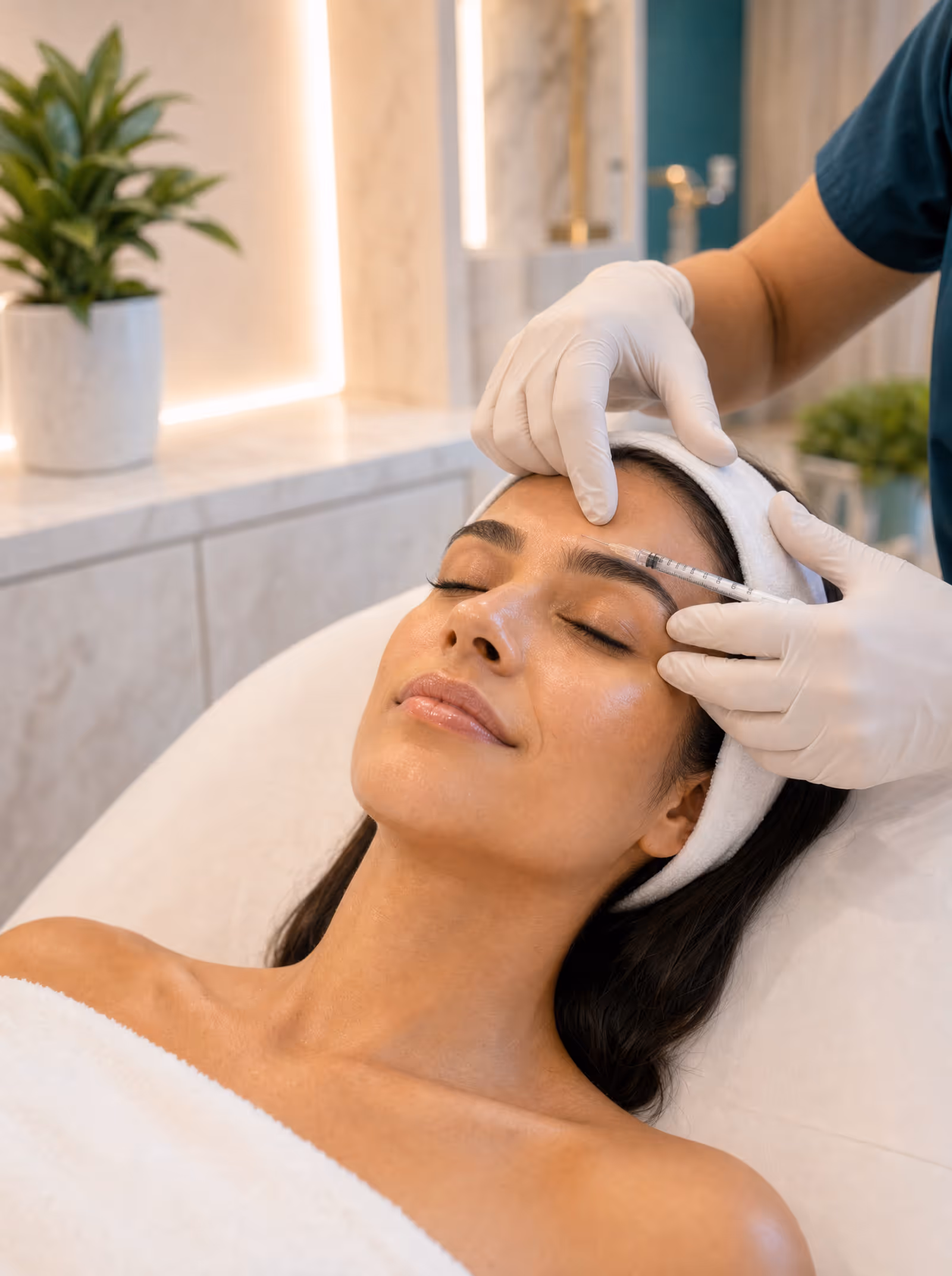Precise forehead Botox injection in a spa-like treatment room