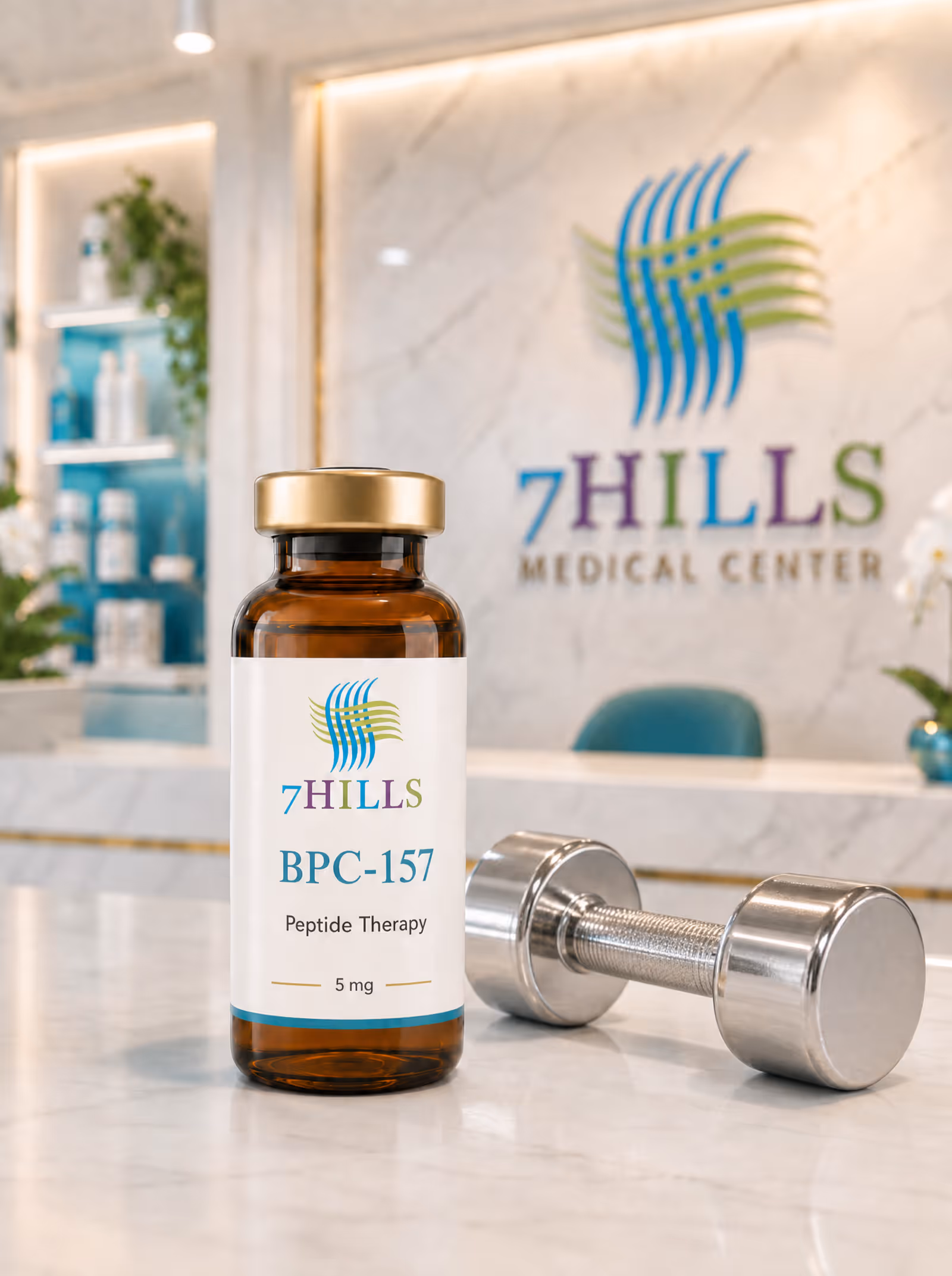7HILLS BPC-157 peptide vial beside a dumbbell