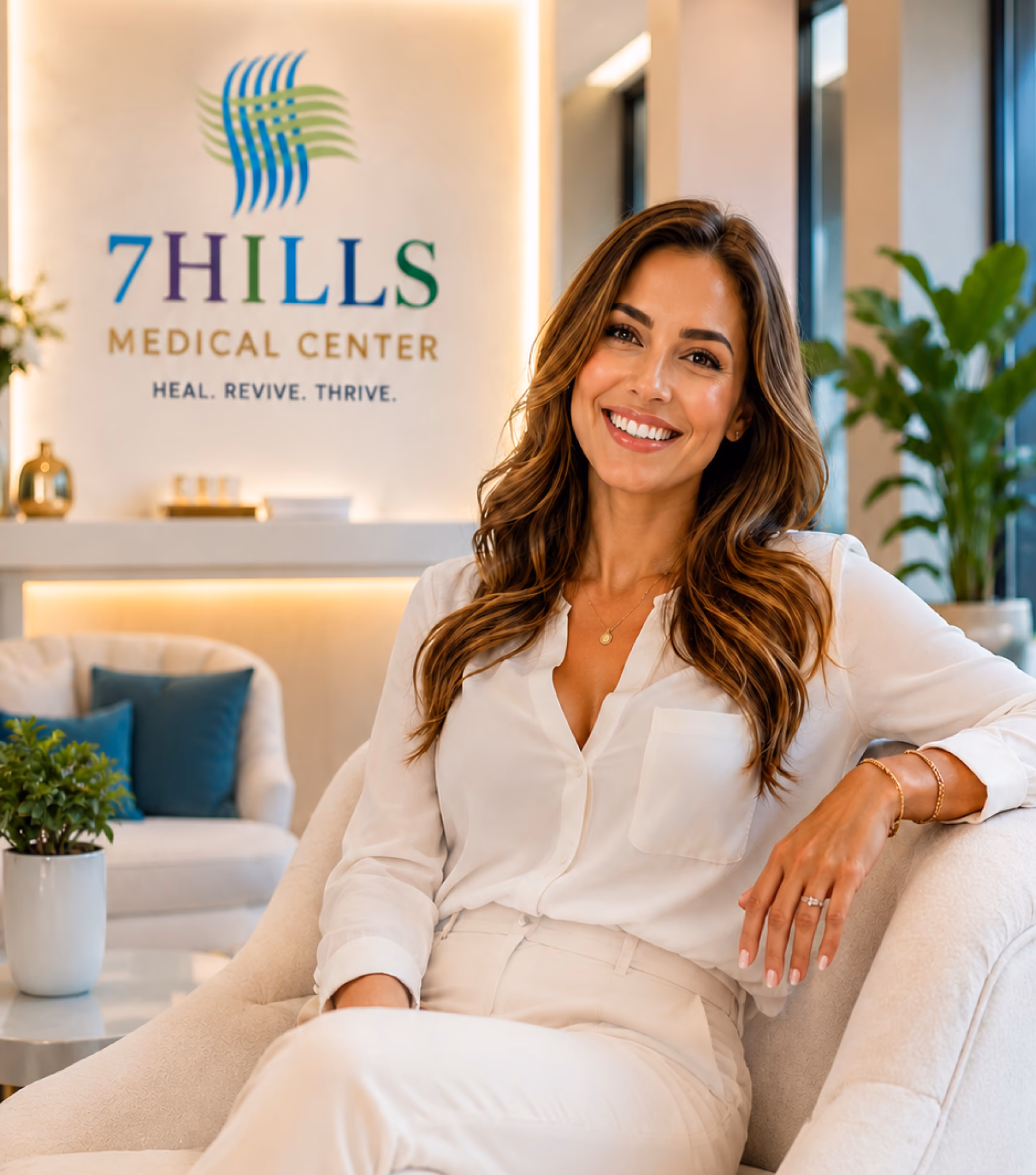 Patient smiling at the 7Hills Medical Center front desk