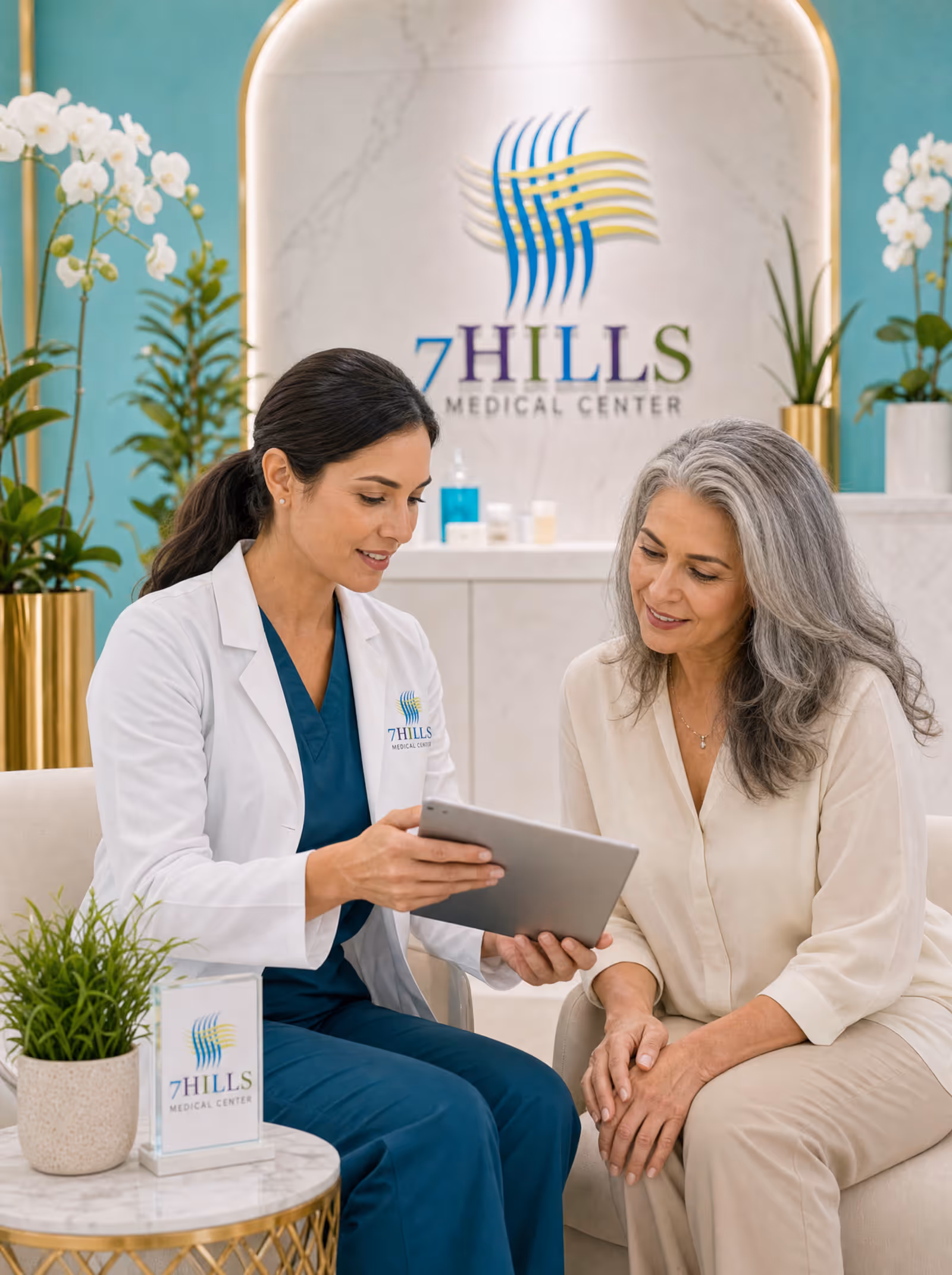Physician reviewing a health chart on a tablet with an older patient
