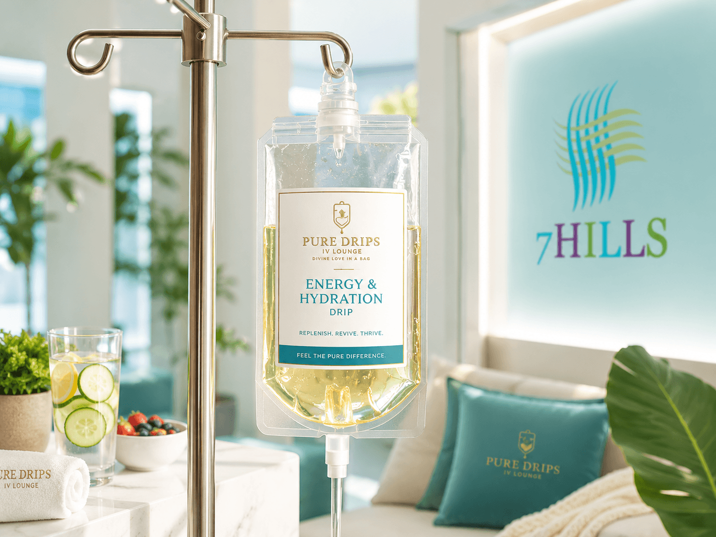 Clean vitamin and hydration IV drip on a stand in a bright wellness lounge