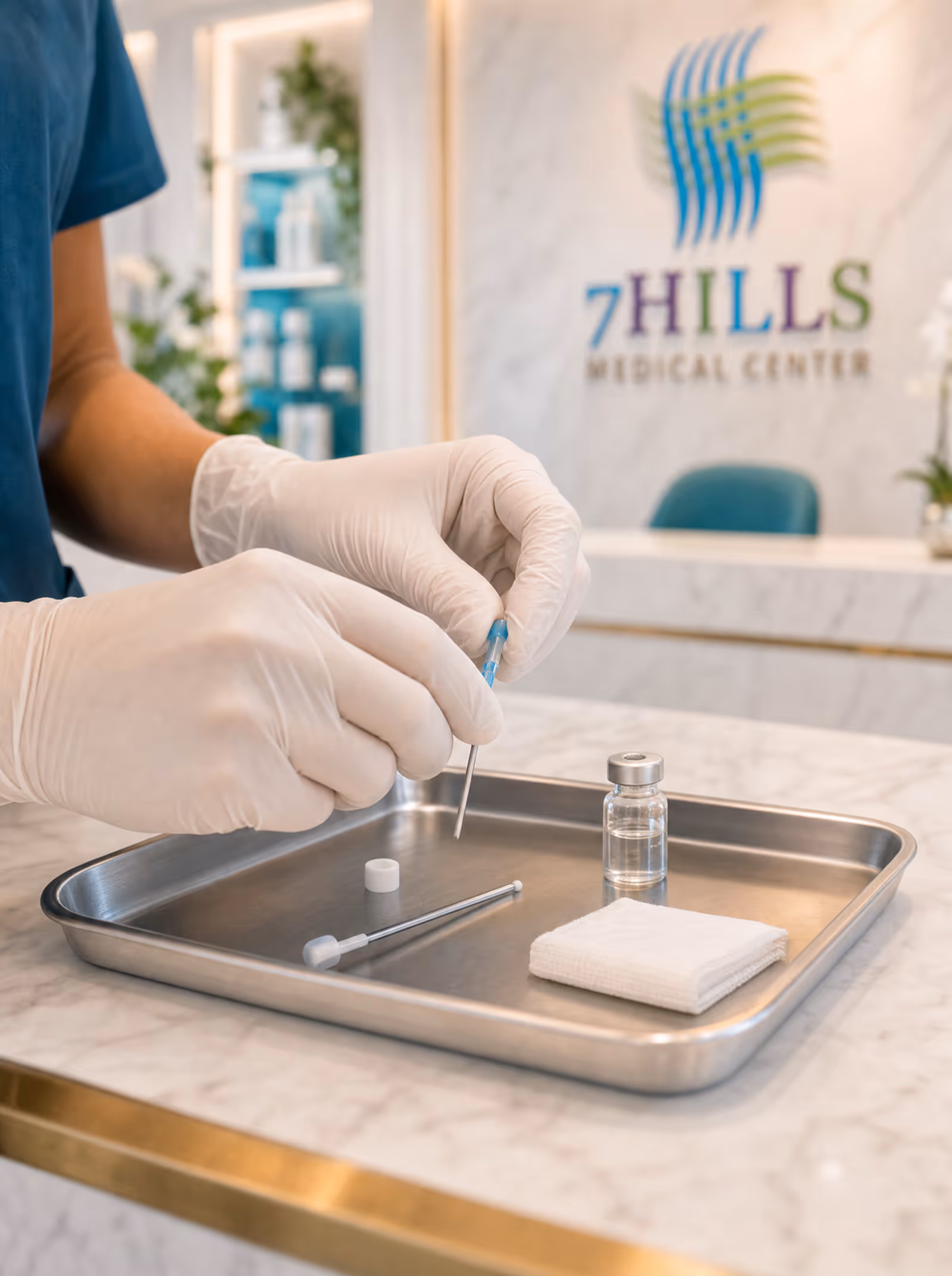 Gloved hands preparing a hormone pellet kit on a sterile tray
