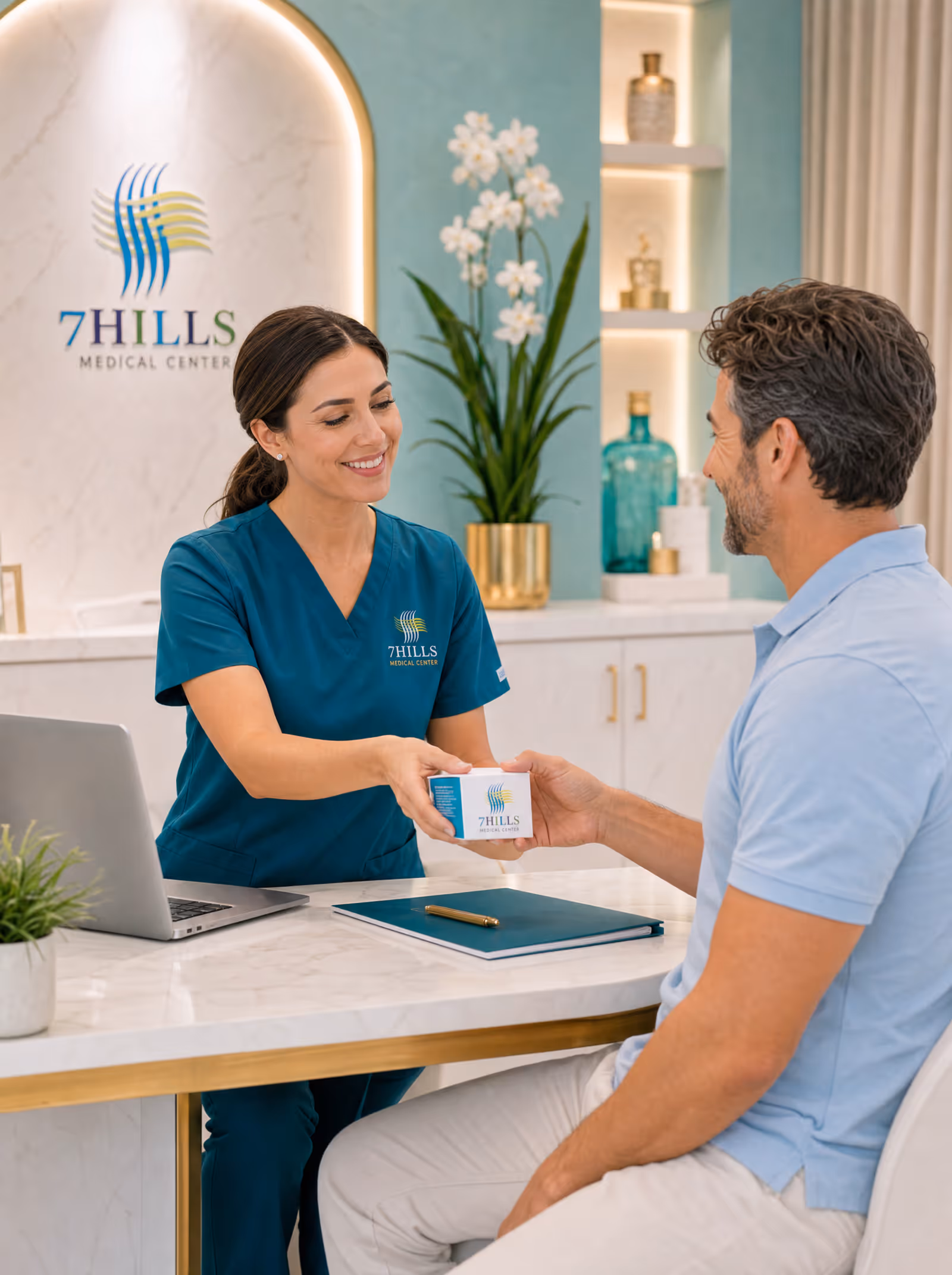 Provider handing a prescription box to a relaxed patient