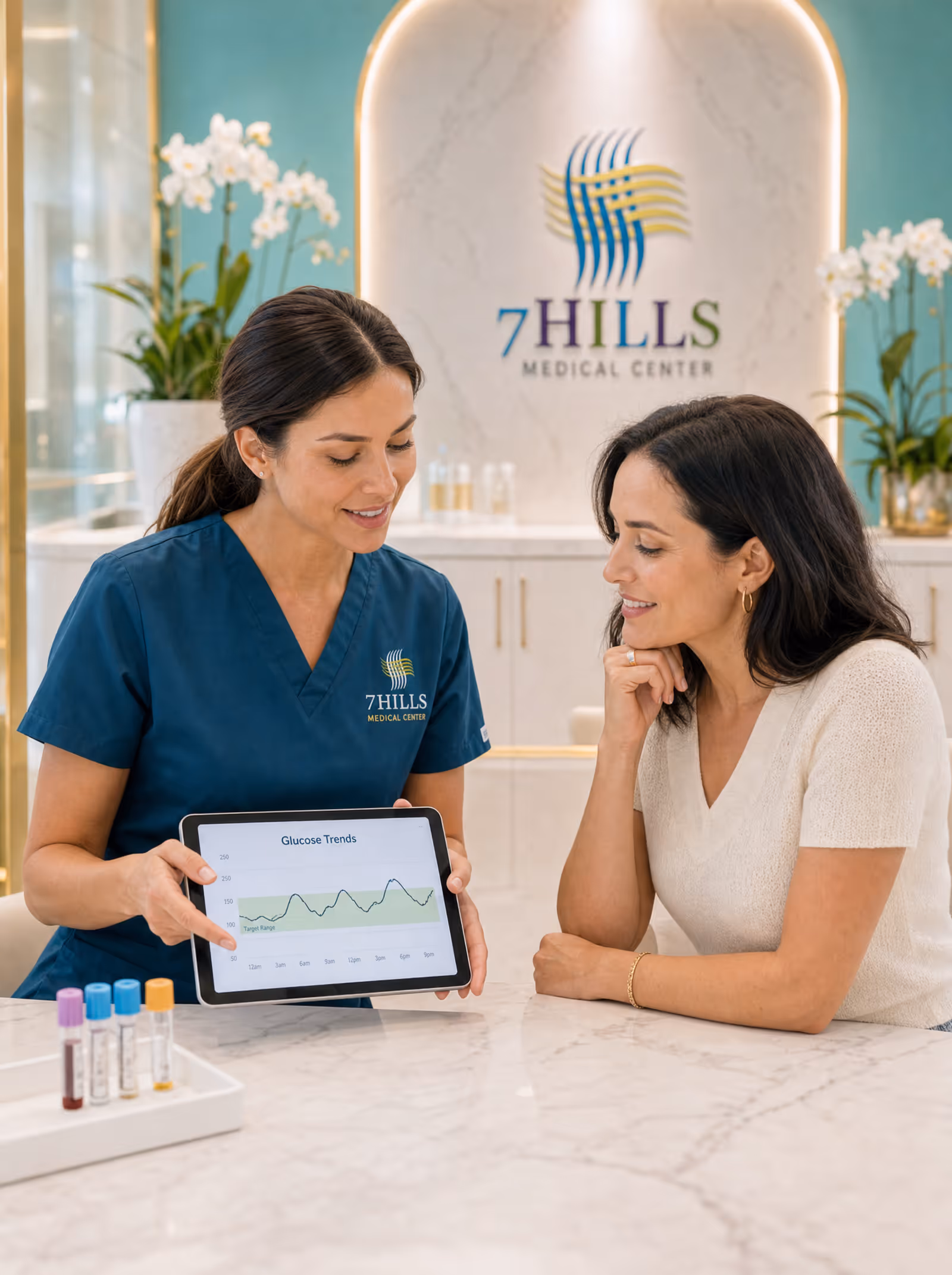 Provider showing a glucose-trend chart on a tablet to a patient