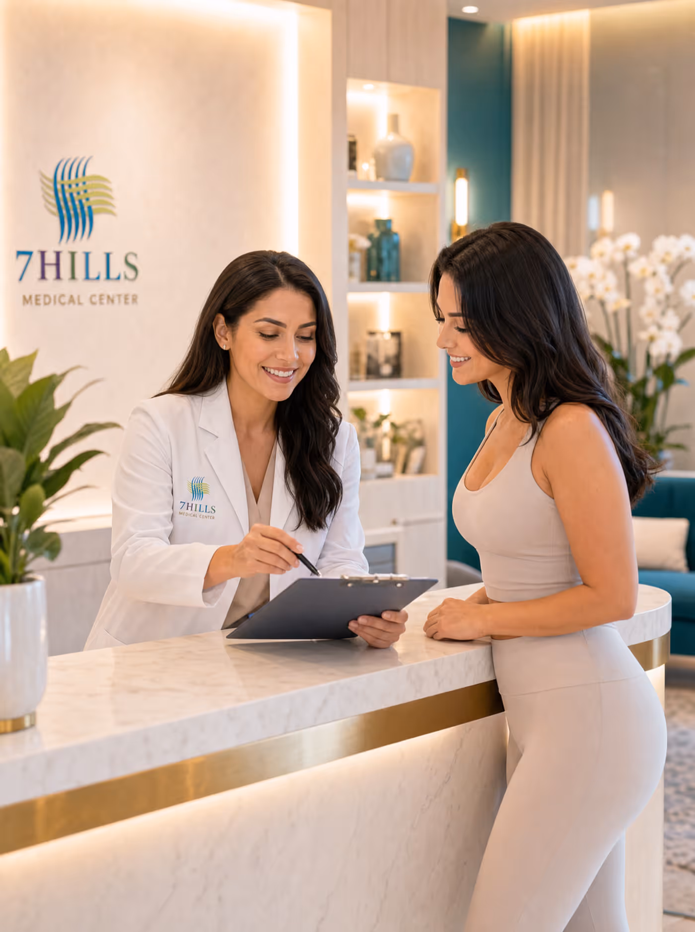 Front-desk staff reviewing insurance paperwork with a patient at 7HILLS Medical Center