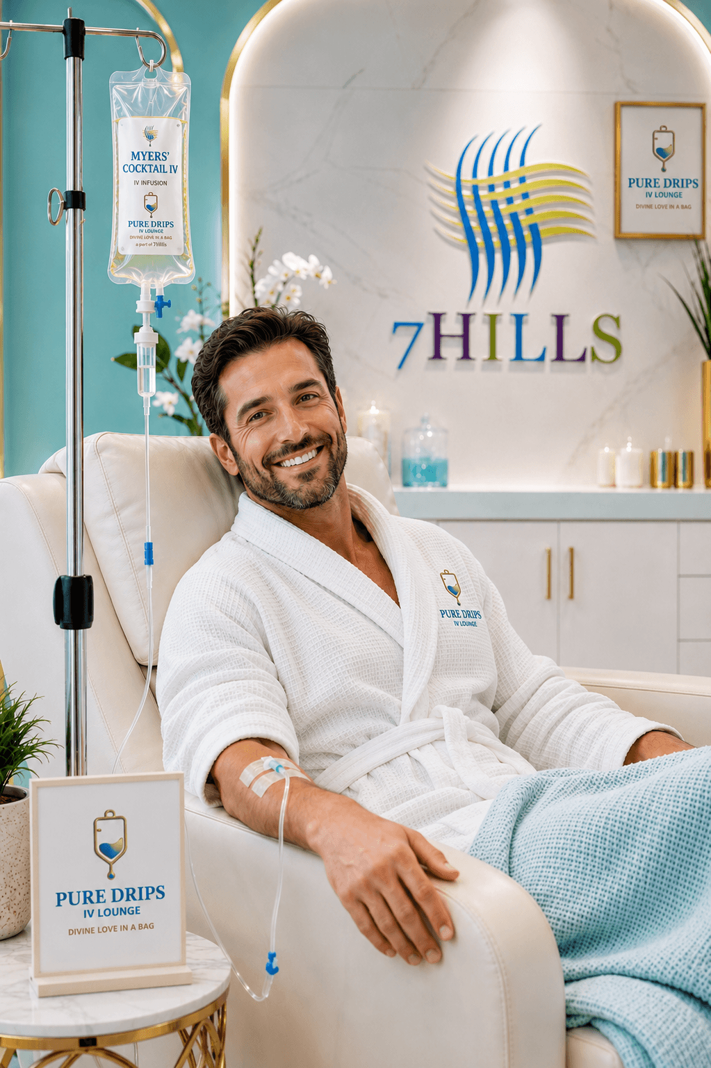 Crystal-clear IV hydration drip on a stand in a bright, plant-filled wellness lounge