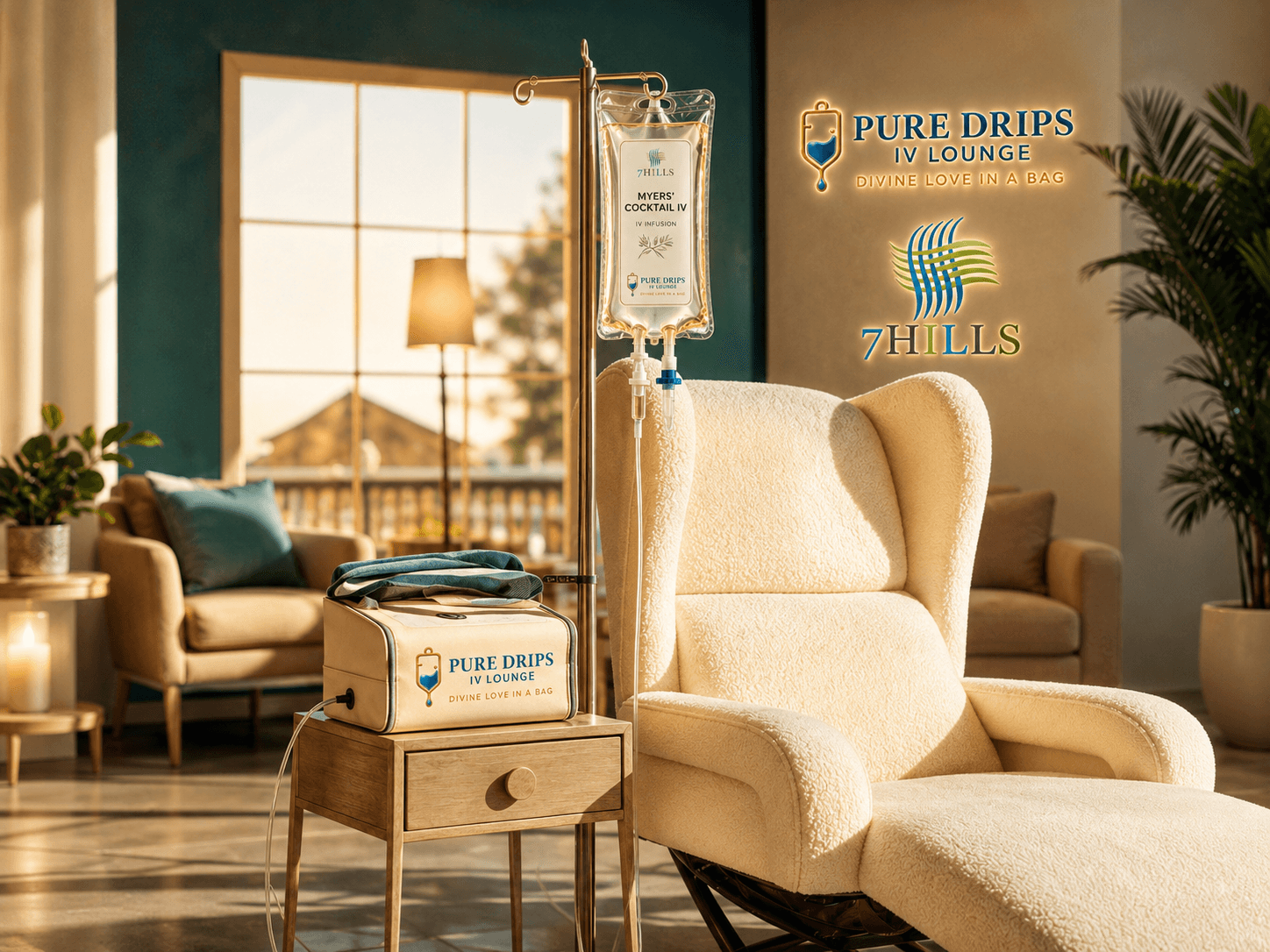 Complete IV vitamin infusion setup beside a plush recliner in a premium IV lounge