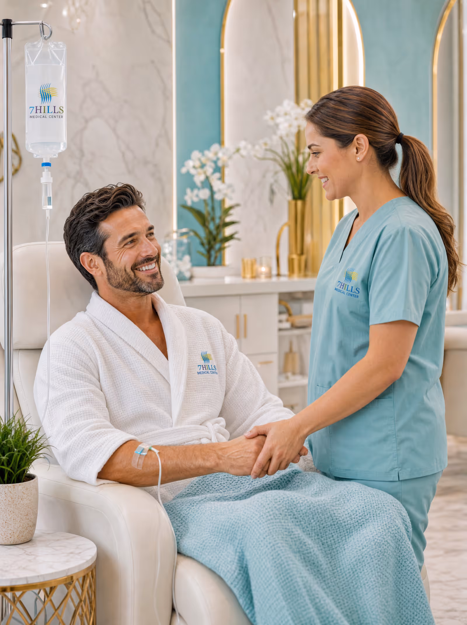 Regular patient greeted warmly in the IV lounge