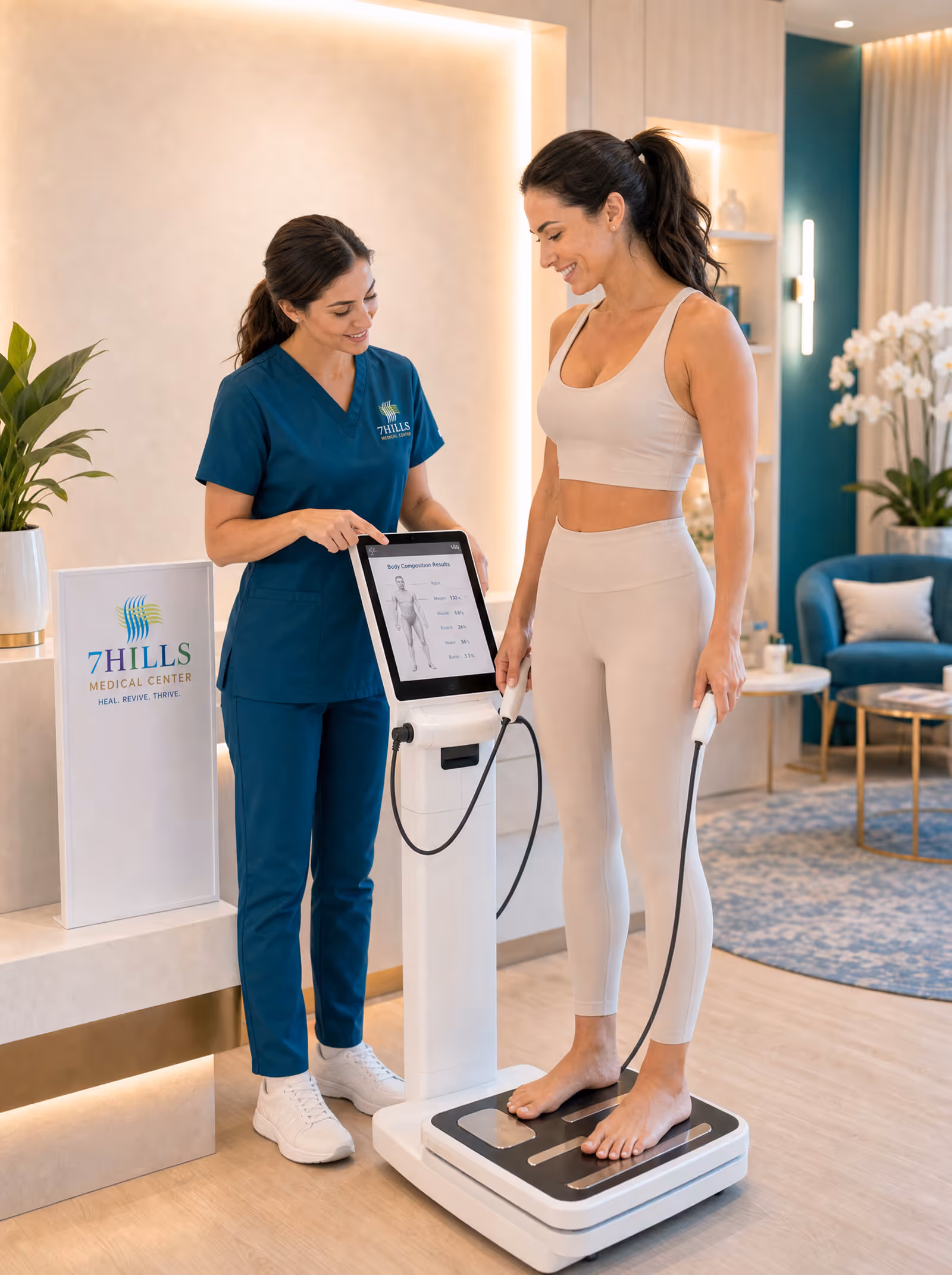 Patient on a body-composition analyzer while staff reads the screen