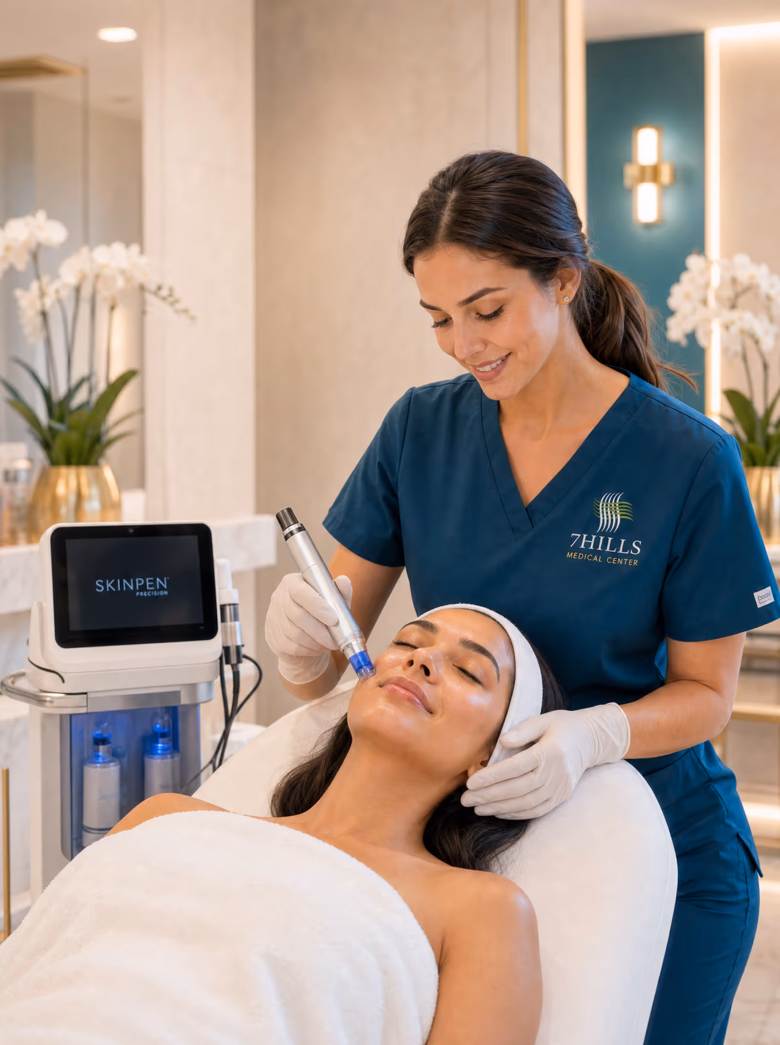 Microneedling pen treatment on a patient's cheek