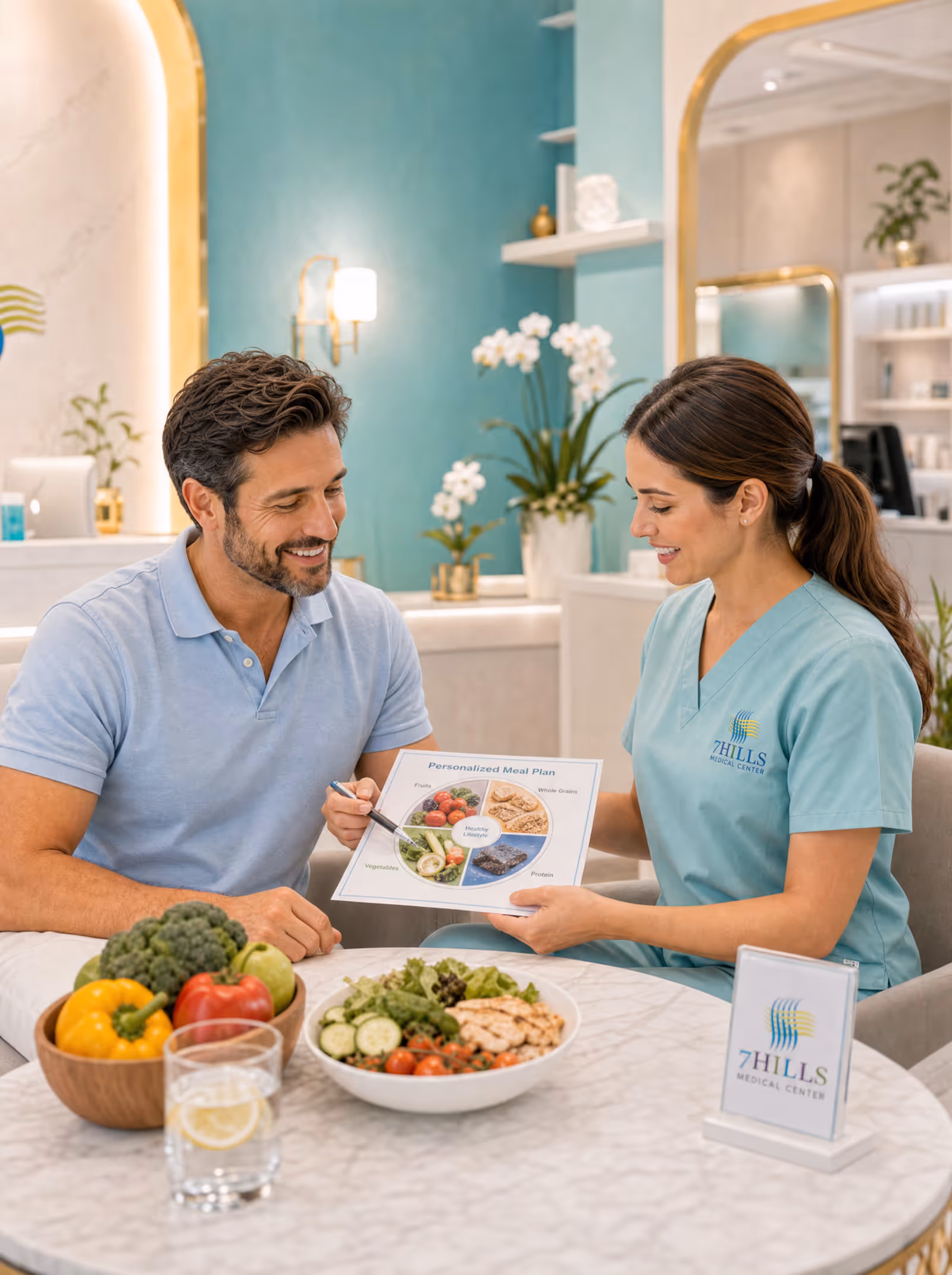 Nutrition consultation with a healthy meal plan and fresh produce