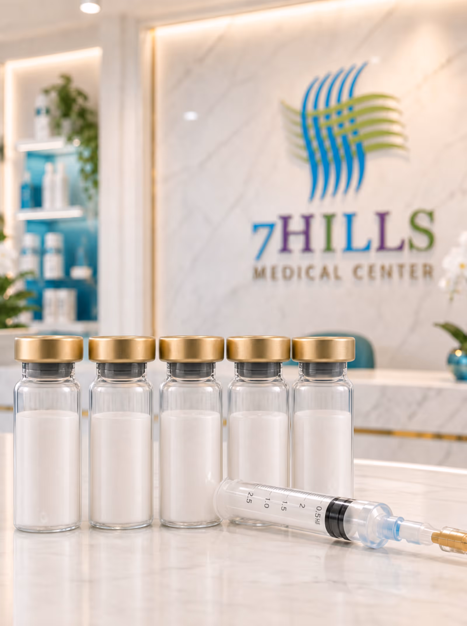 Row of peptide vials and a syringe on a marble counter
