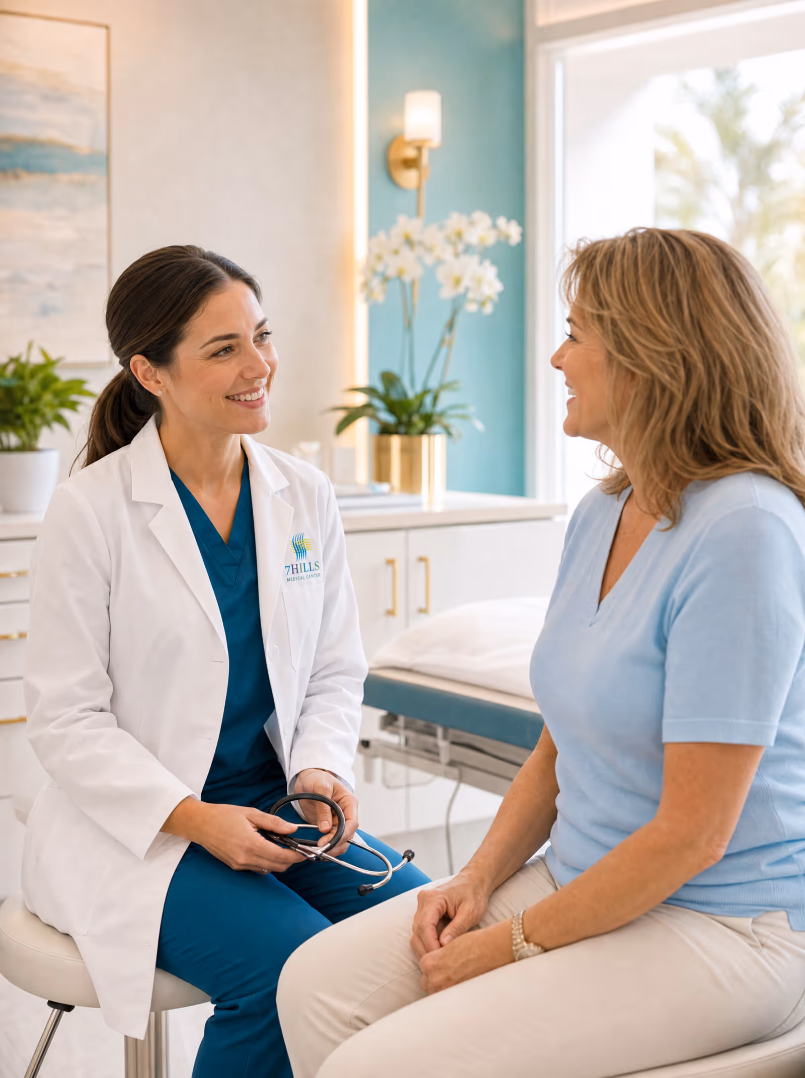 Physician talking with a patient in a bright consultation room at 7HILLS Medical Center