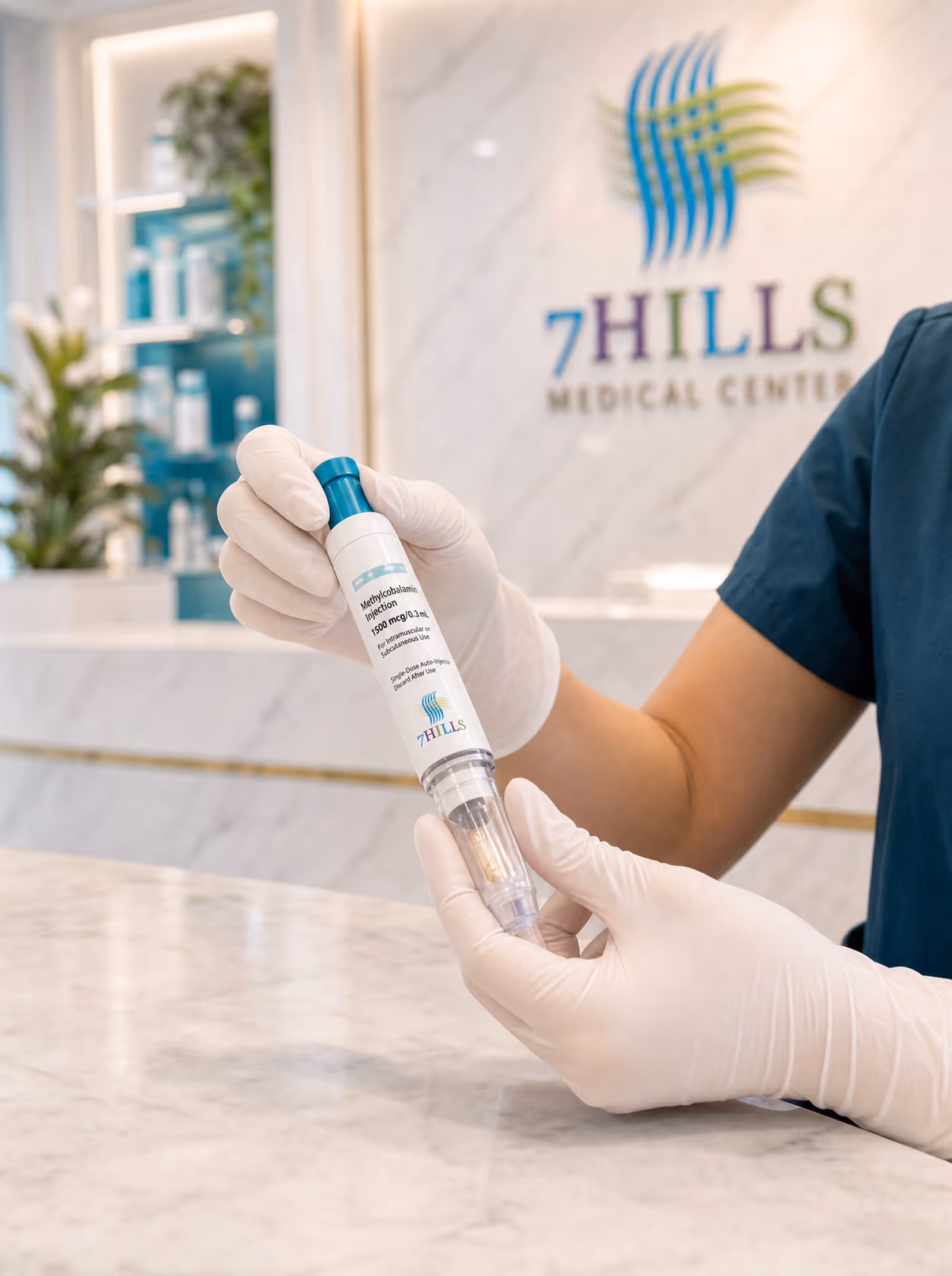 Close-up of hands holding an injector pen over a marble counter