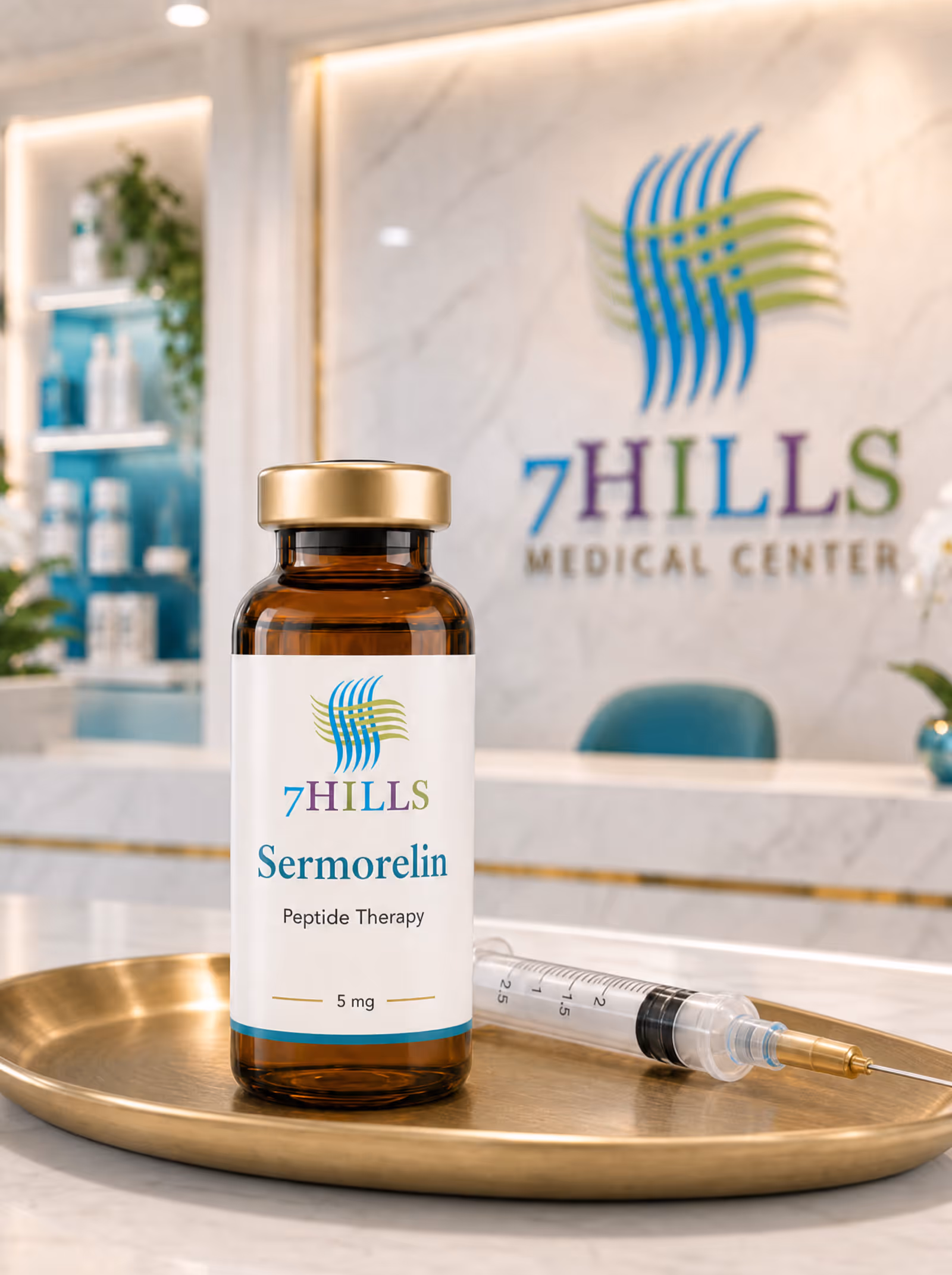 7HILLS Sermorelin peptide vial and syringe on a gold tray
