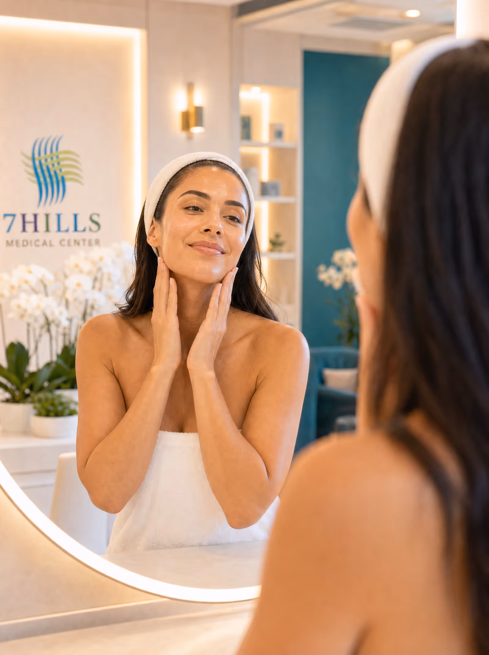 Woman admiring her glowing skin after a treatment