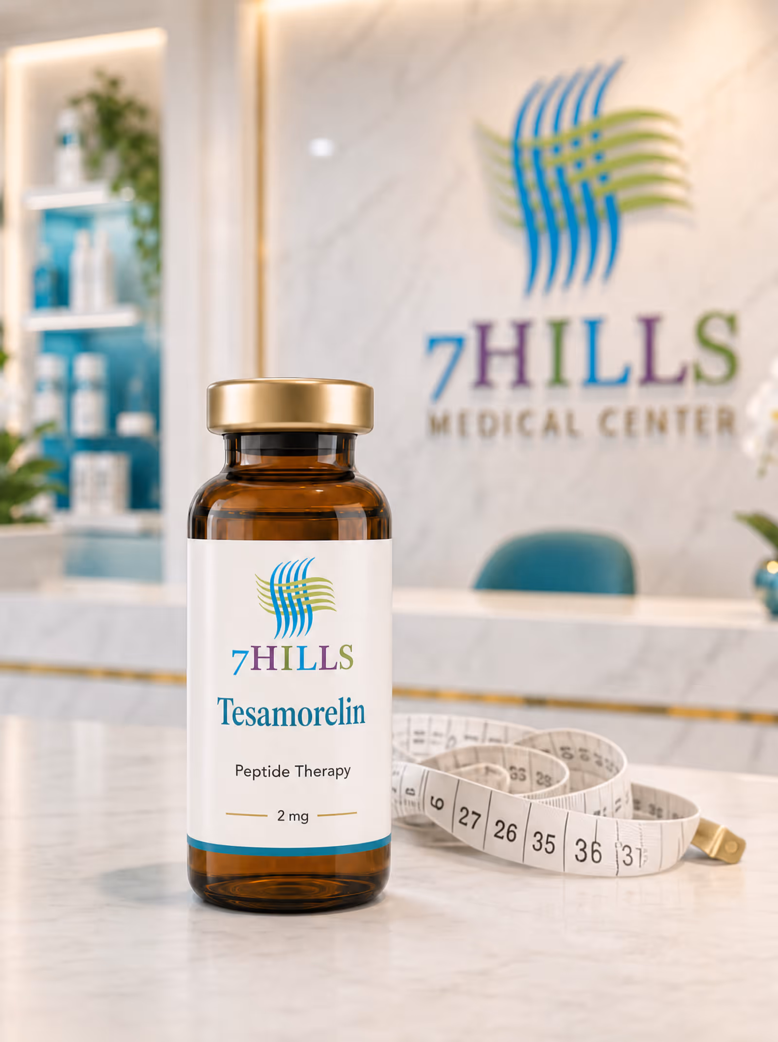 7HILLS Tesamorelin peptide vial on a marble counter