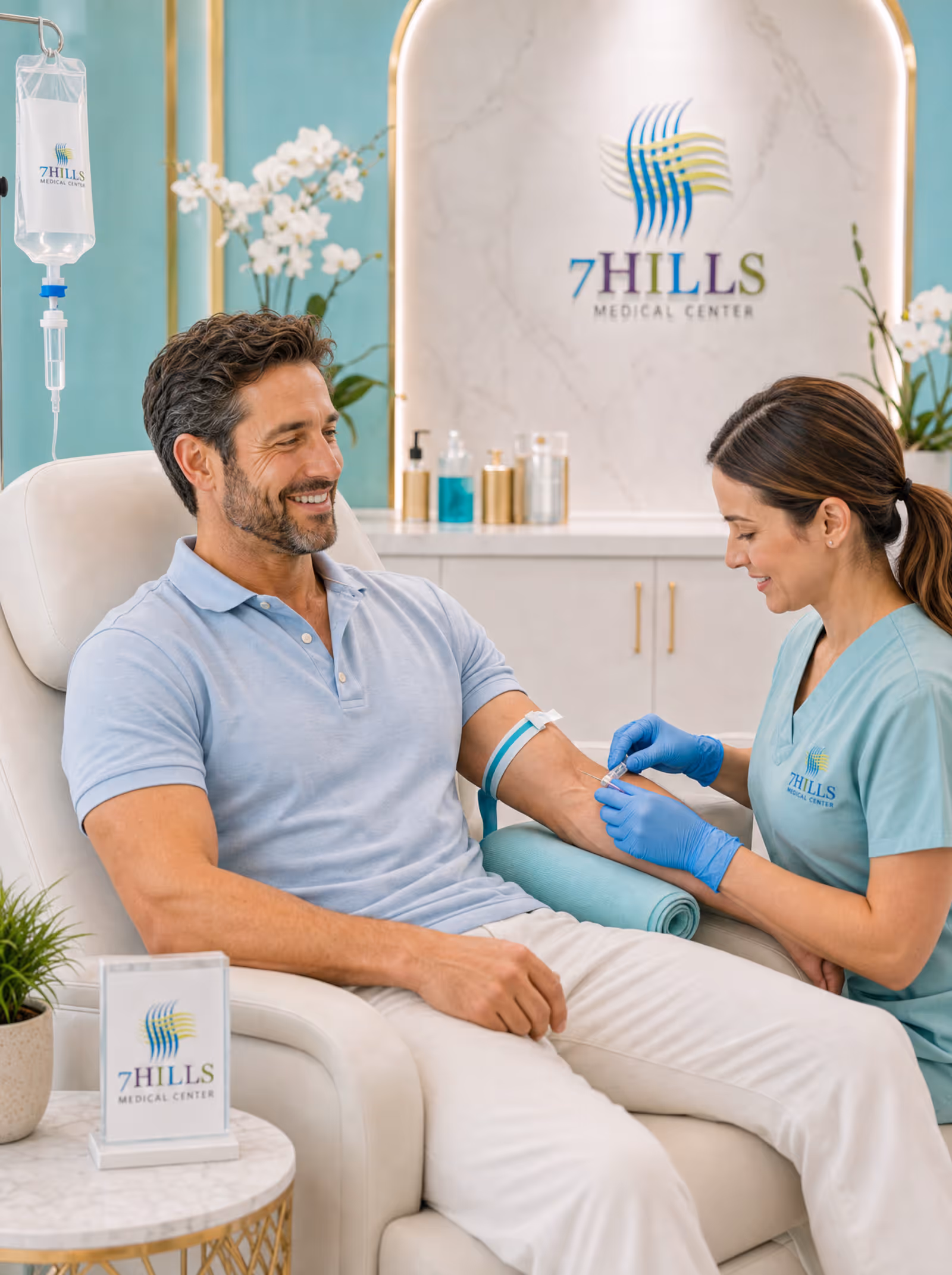 Man having blood drawn by a nurse in teal scrubs