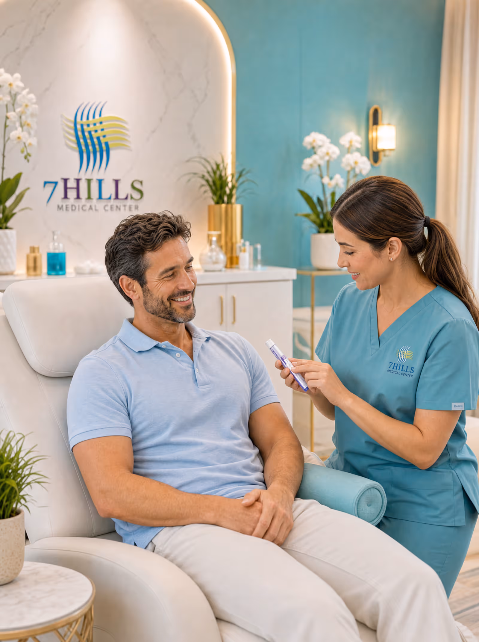 Provider explaining an injector pen to a patient on a consultation couch