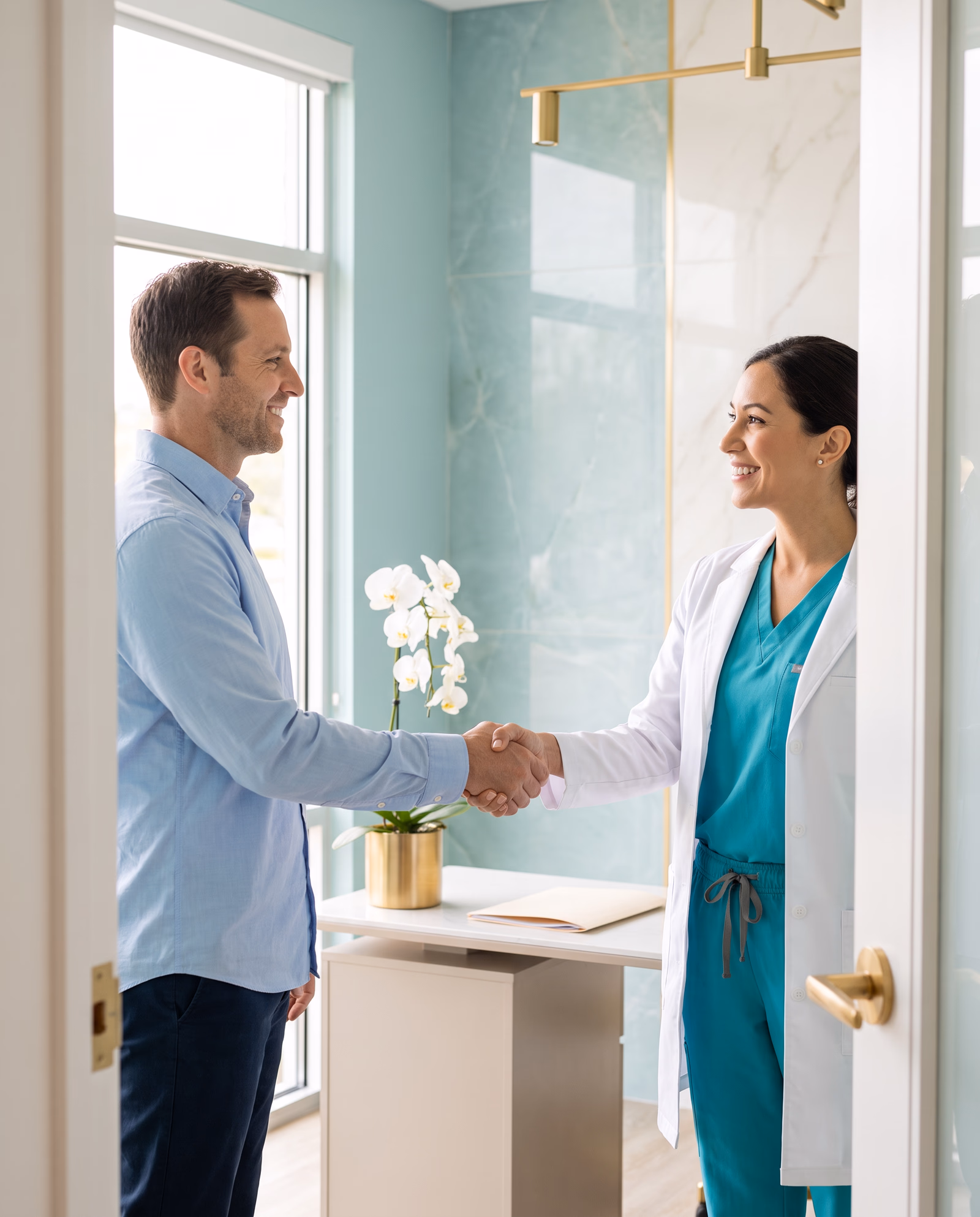Physician greeting a new adult primary care patient at 7HILLS Medical Center