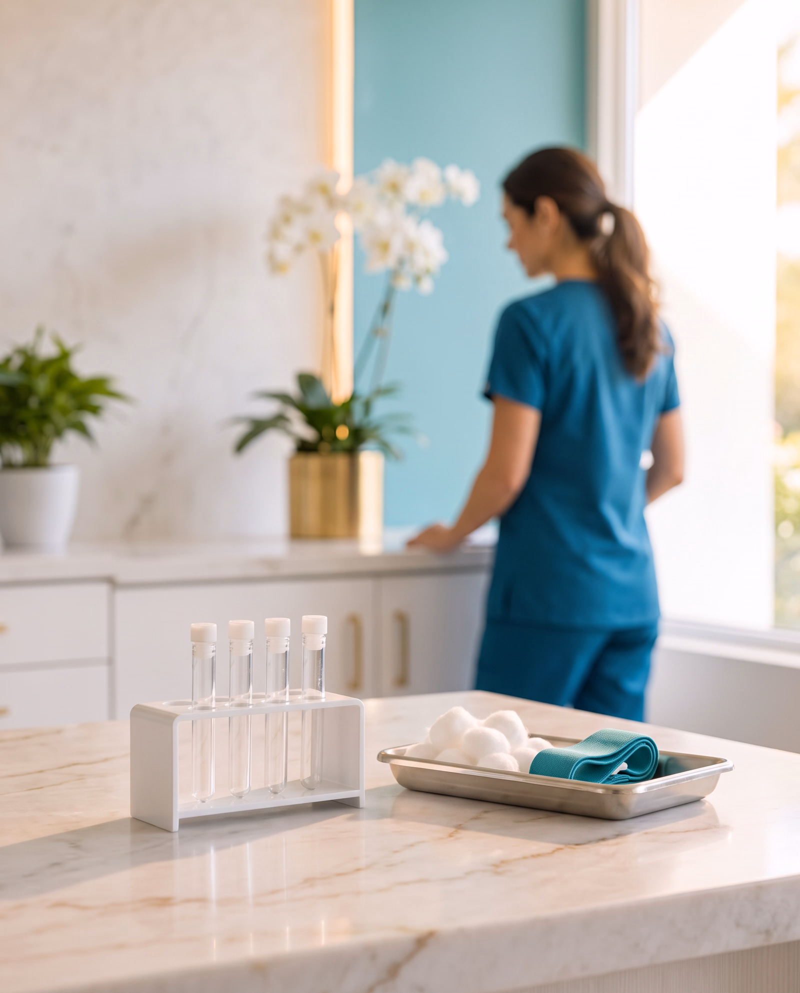 Laboratory sample vials prepared on a tray at 7HILLS Medical Center