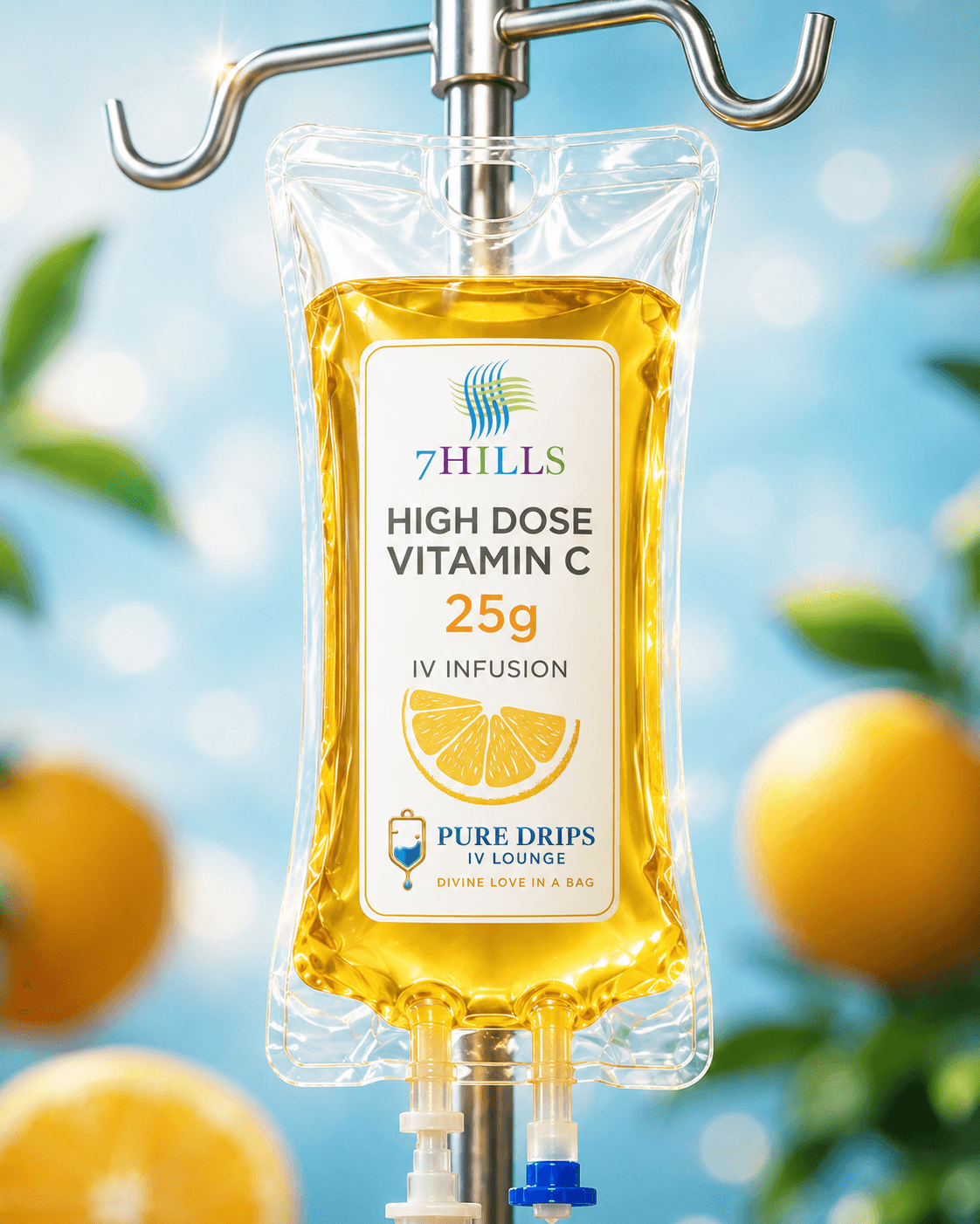 High-dose Vitamin C IV drip with glowing golden liquid and an orange-slice label in a bright citrus wellness setting