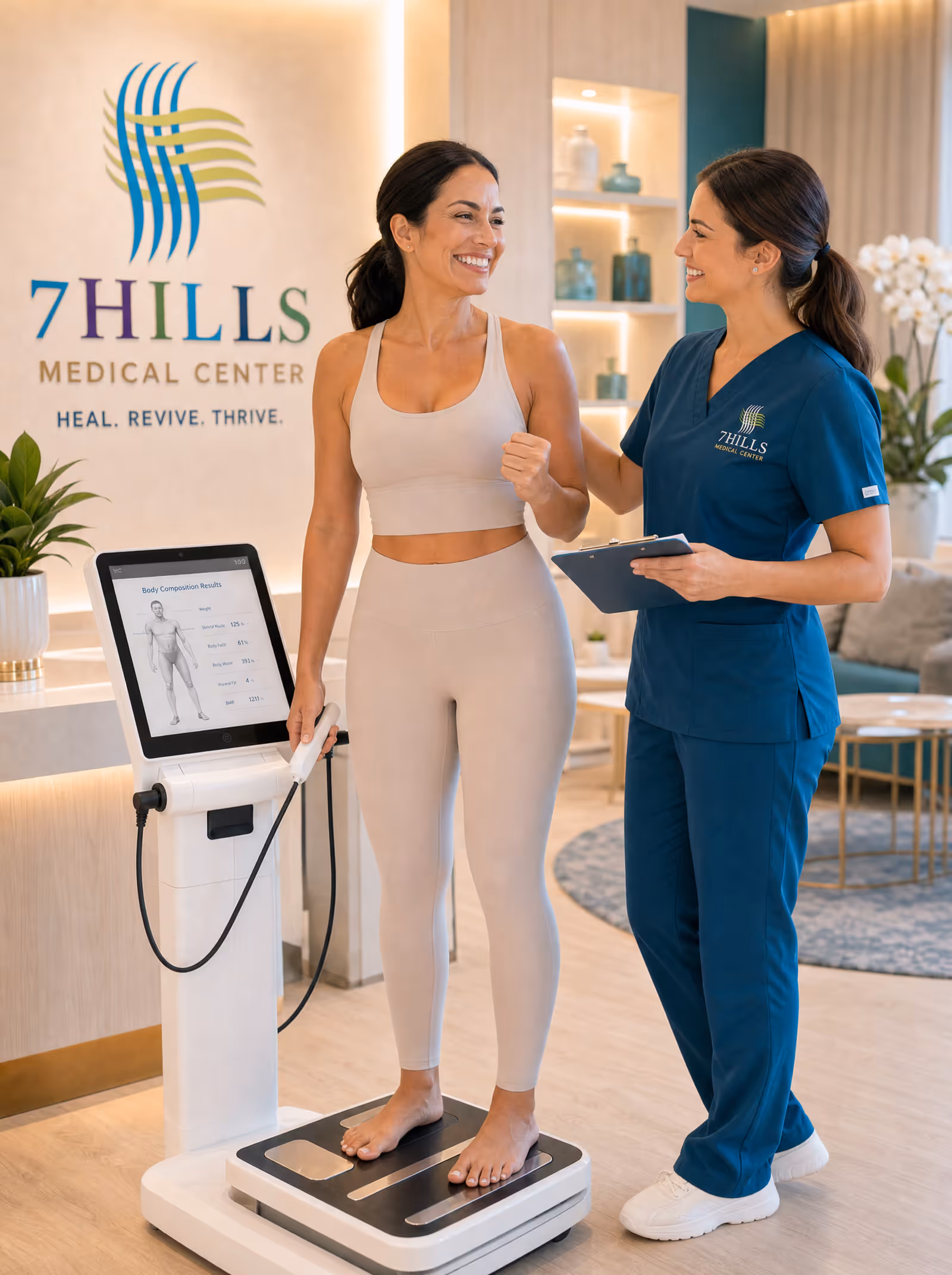 Patient celebrating weight-loss progress with a provider at a follow-up visit