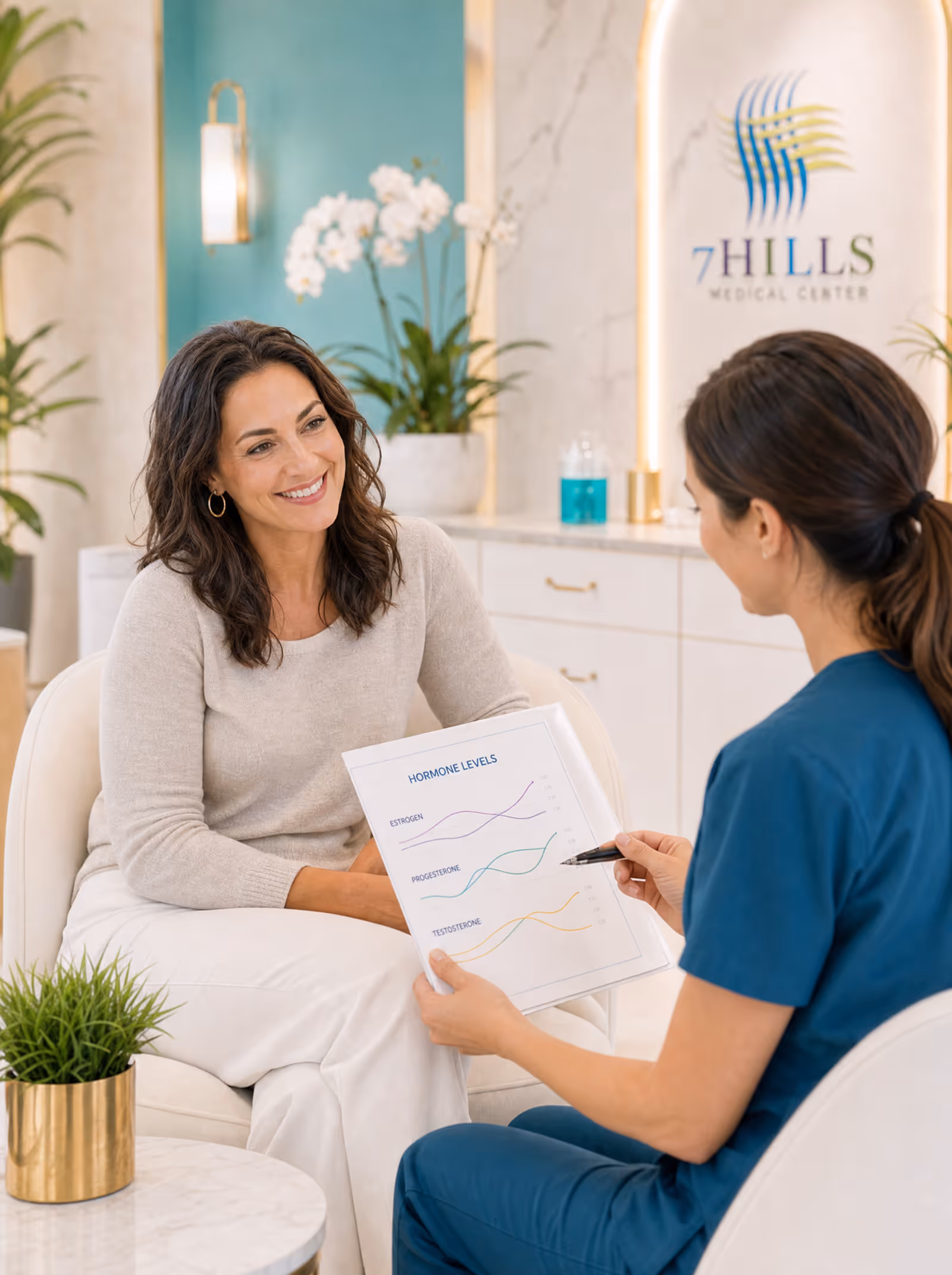 Woman smiling during a hormone-optimization consultation